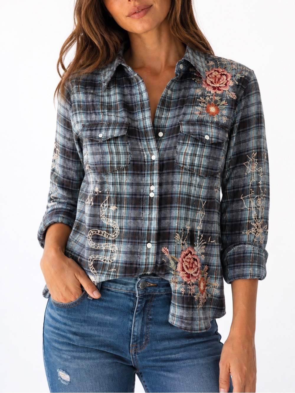 Johnny Was Teal and Navy Plaid Button-Up Shirt with Embroidered Florals